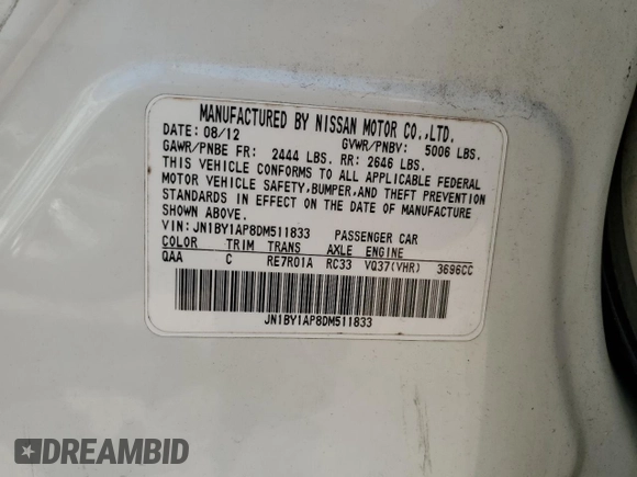 2013 Infiniti M with VIN JN1BY1AP8DM511833, listed as a Copart auction lot 63459025 with 152,722 mi miles and Clean title. Bid and sale history available at DreamBid. Image 12.