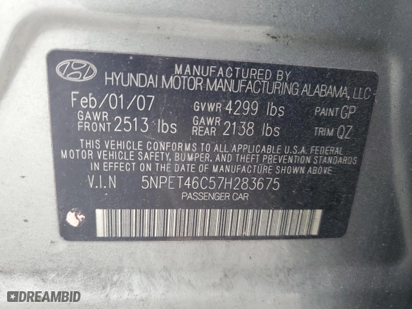 2007 Hyundai Sonata GLS with VIN 5NPET46C57H283675, listed as a Copart auction lot 51993995 with 129,268 mi miles and Salvage Title. Bid and sale history available at carsss.com. Image 12.