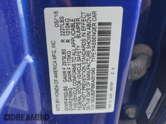 2019 Acura TLX w/A-Spec Pkg with VIN 19UUB3F69KA001543, listed as a Copart auction lot 62479905 with 132,651 mi miles and Salvage title. Bid and sale history available at DreamBid. Image 12.