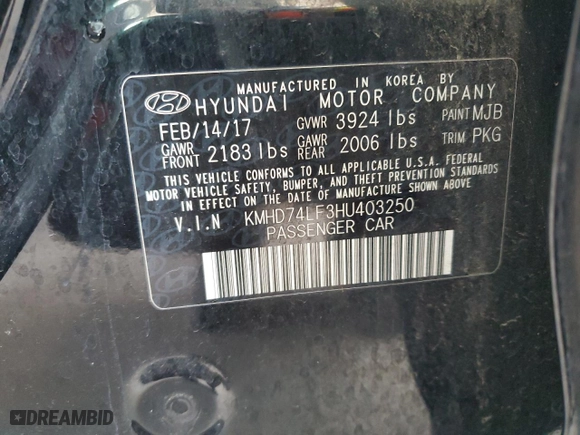 2017 Hyundai Elantra SE with VIN KMHD74LF3HU403250, listed as a Copart auction lot 48476835 with 123,669 mi miles and Clean Title. Bid and sale history available at carsss.com. Image 13.