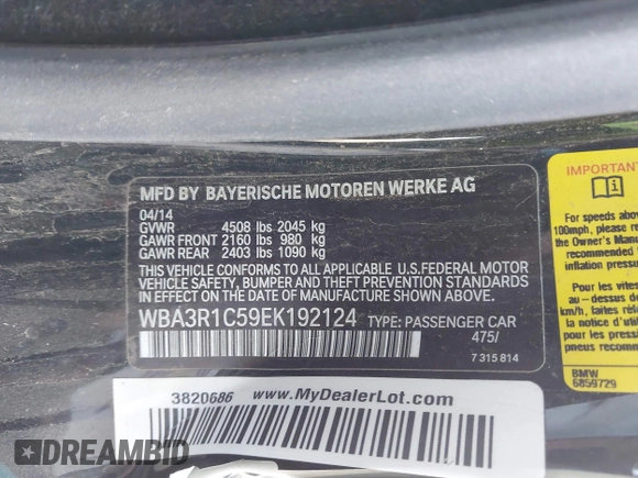 2014 BMW 4 Series 435i with VIN WBA3R1C59EK192124, listed as a IAAI auction lot 41612794 with 104,765 mi miles and . Bid and sale history available at DreamBid. Image 9.