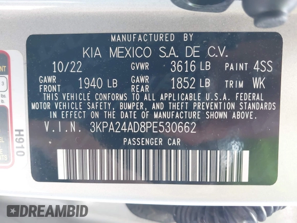 2023 Kia Rio S z VIN 3KPA24AD8PE530662, wystawiony jako IAAI lot #42109727 z przebiegiem 34 948 mil mil oraz . Historia ofert i sprzedaży dostępna na DreamBid. Obrazek 9.