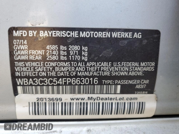 2015 BMW 3 Series 320i xDrive with VIN WBA3C3C54FP663016, listed as a Copart auction lot 50372405 with 211,967 mi miles and Clean Title. Bid and sale history available at carsss.com. Image 12.