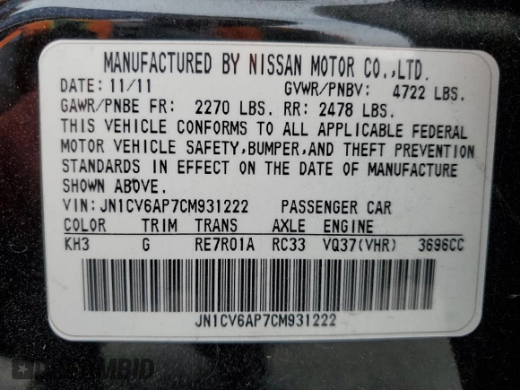 2012 Infiniti G37 Sedan Journey with VIN JN1CV6AP7CM931222, listed as a Copart auction lot 50381985 with 134,661 mi miles and Salvage Title. Bid and sale history available at carsss.com. Image 12.