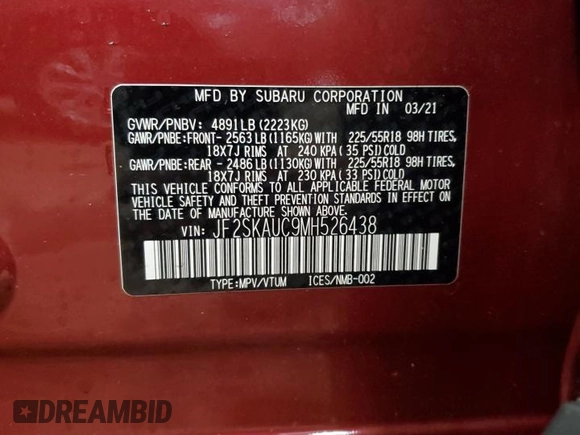 2021 Subaru Forester Limited with VIN JF2SKAUC9MH526438, listed as a Copart auction lot 51690525 with 46,773 mi miles and Salvage Title. Bid and sale history available at carsss.com. Image 14.