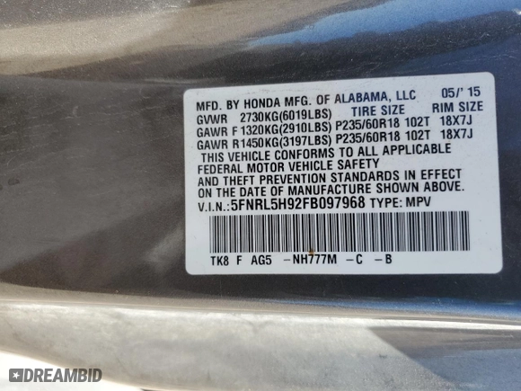 2015 Honda Odyssey Touring Elite with VIN 5FNRL5H92FB097968, listed as a Copart auction lot 46144215 with 0 mi miles and Salvage Title. Bid and sale history available at carsss.com. Image 14.