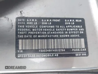 2004 Saab 9-5 Arc with VIN YS3ED49A143512764, listed as a IAAI auction lot 41866789 with 114,796 mi miles. Bid and sale history available at carsss.com. Image 9.