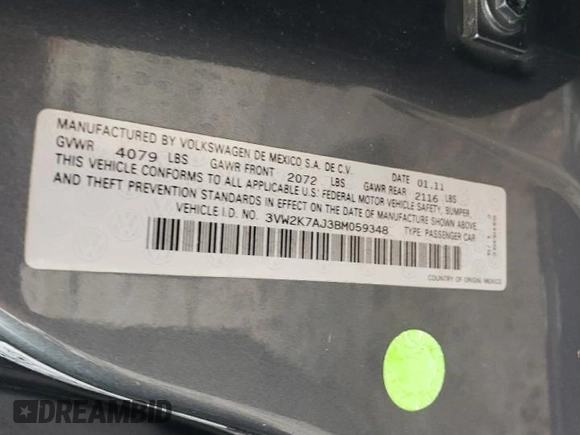 2011 Volkswagen Jetta Sedan S with VIN 3VW2K7AJ3BM059348, listed as a Copart auction lot 48929035 with 160,165 mi miles and Clean Title. Bid and sale history available at carsss.com. Image 12.