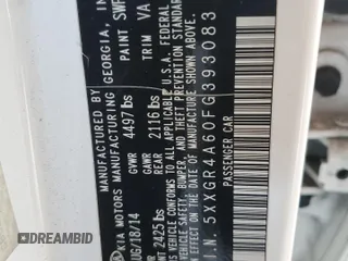 2015 Kia Optima SXL Turbo with VIN 5XXGR4A60FG393083, listed as a Copart auction lot 53338165 with Not Provided miles and Salvage Title. Bid and sale history available at DreamBid. Image 12.