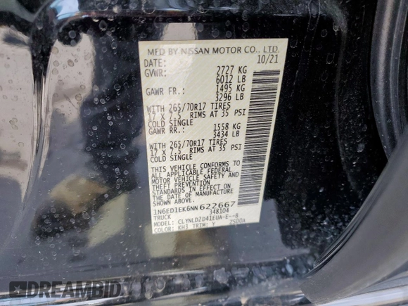 2022 Nissan Frontier SV with VIN 1N6ED1EK6NN622667, listed as a Copart auction lot 51599315 with 58,704 mi miles and Salvage title. Bid and sale history available at DreamBid. Image 12.