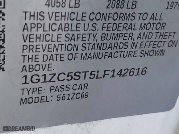 2020 Chevrolet Malibu LS with VIN 1G1ZC5ST5LF142616, listed as a IAAI auction lot 41000319 with 64,020 mi miles. Bid and sale history available at carsss.com. Image 9.