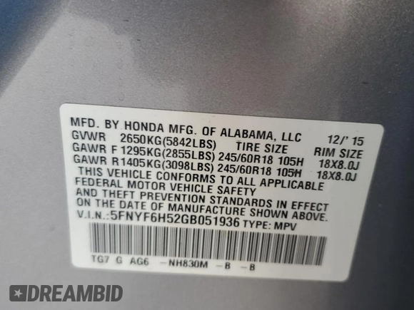 2016 Honda Pilot EX-L with VIN 5FNYF6H52GB051936, listed as a Copart auction lot 56163925 with 162,402 mi miles and Clean Title. Bid and sale history available at DreamBid. Image 13.