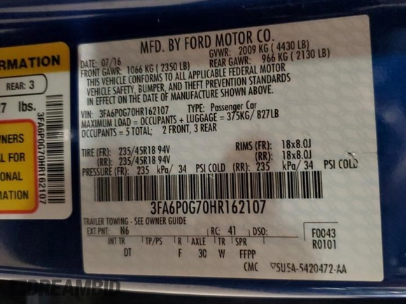 2017 Ford Fusion S with VIN 3FA6P0G70HR162107, listed as a Copart auction lot 53928925 with 147,695 mi miles and Clean Title. Bid and sale history available at carsss.com. Image 12.
