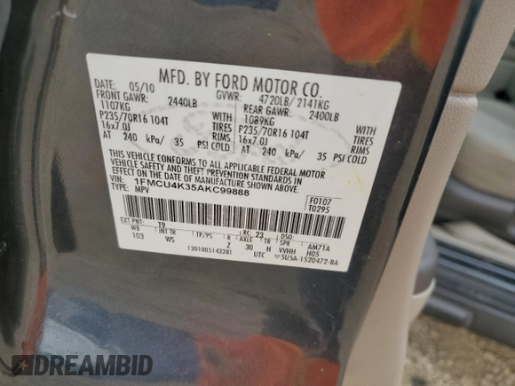 2010 Ford Escape Hybrid with VIN 1FMCU4K35AKC99888, listed as a Copart auction lot 45679595 with 226,824 mi miles and Salvage title. Bid and sale history available at DreamBid. Image 13.