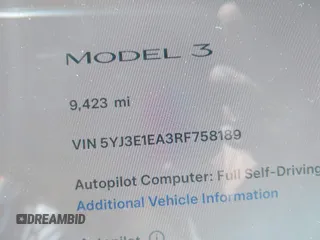 2024 Tesla Model 3 with VIN 5YJ3E1EA3RF758189, listed as a IAAI auction lot 41987653 with 9,423 mi miles. Bid and sale history available at carsss.com. Image 7.
