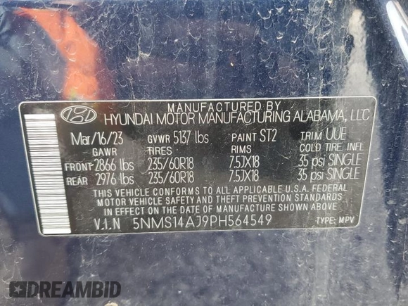 2023 Hyundai Santa Fe SE с VIN 5NMS14AJ9PH564549, выставлен на аукционе Copart как лот 53883445 с пробегом 35 994 миль миль и Чистый • Clean title. История ставок и продаж доступна на DreamBid. Изображение 12.
