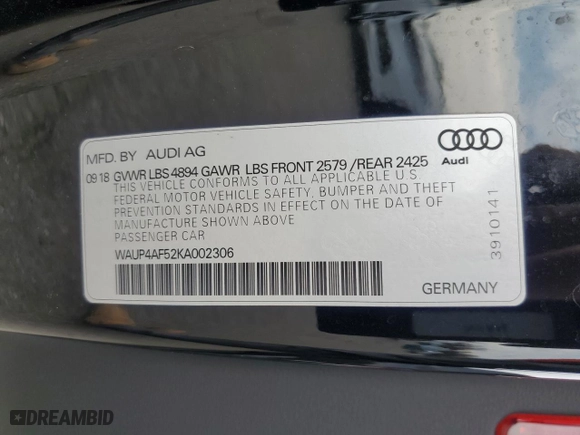 2019 Audi S5 Coupe Premium Plus with VIN WAUP4AF52KA002306, listed as a Copart auction lot 75962184 with 39,466 mi miles and Salvage Title. Bid and sale history available at carsss.com. Image 12.