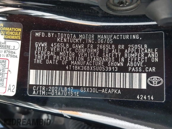 2005 Toyota Avalon XL with VIN 4T1BK36BX5U053913, listed as a IAAI auction lot 40229932 with Not Provided miles and . Bid and sale history available at DreamBid. Image 9.