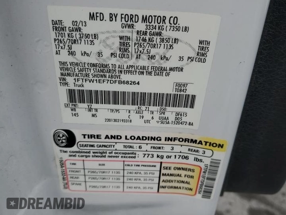 2013 Ford F-150 XL with VIN 1FTFW1EF7DFB68264, listed as a Copart auction lot 60271505 with 128,453 mi miles and Salvage title. Bid and sale history available at DreamBid. Image 12.