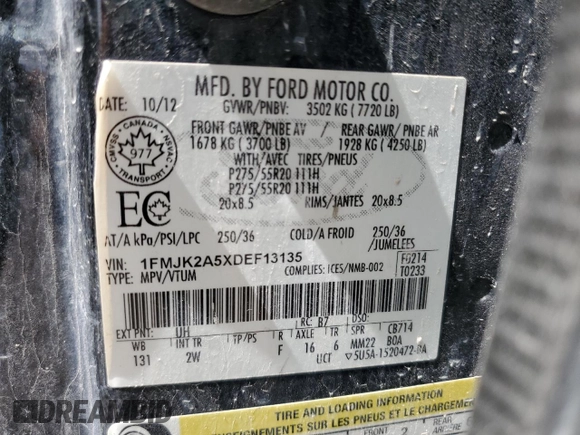 2013 Ford Expedition Max Limited with VIN 1FMJK2A5XDEF13135, listed as a Copart auction lot 53098765 with 179,958 mi miles and Clean title. Bid and sale history available at DreamBid. Image 14.