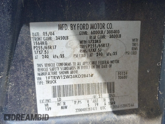 2004 Ford F-150 XLT z VIN 1FTRW12W34KD28410, wystawiony jako IAAI lot #42385449 z przebiegiem 169 152 mil mil oraz . Historia ofert i sprzedaży dostępna na DreamBid. Obrazek 9.