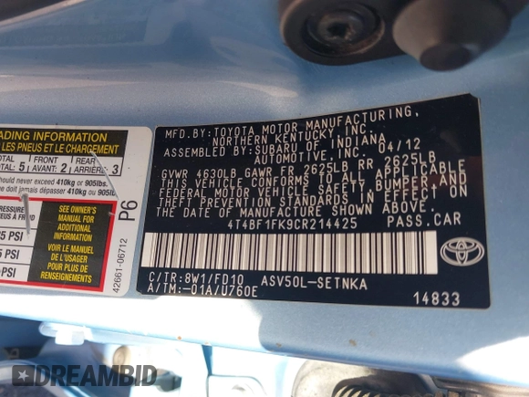 2012 Toyota Camry L with VIN 4T4BF1FK9CR214425, listed as a IAAI auction lot 41986138 with 220,740 mi miles. Bid and sale history available at carsss.com. Image 9.