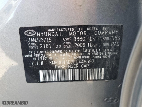 2015 Hyundai Elantra Limited with VIN KMHDH4AE7FU448597, listed as a Copart auction lot 51465445 with 134,500 mi miles and Salvage Title. Bid and sale history available at carsss.com. Image 14.