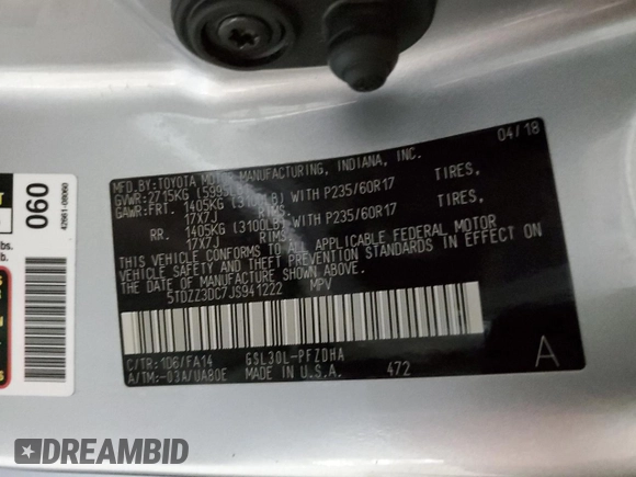 2018 Toyota Sienna L with VIN 5TDZZ3DC7JS941222, listed as a Copart auction lot 72566472 with 50,112 mi miles and . Bid and sale history available at DreamBid. Image 13.