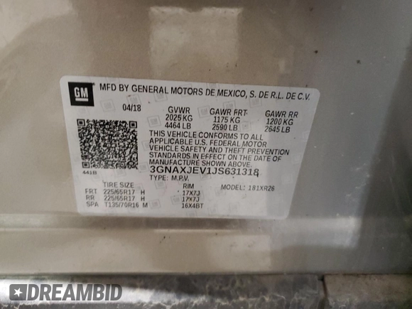 2018 Chevrolet Equinox LT with VIN 3GNAXJEV1JS631318, listed as a Copart auction lot 45581225 with 104,907 mi miles and Salvage Title. Bid and sale history available at carsss.com. Image 15.