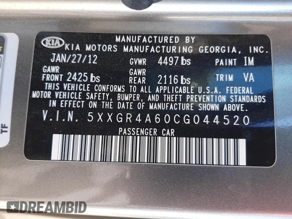 2012 Kia Optima SX z VIN 5XXGR4A60CG044520, wystawiony jako Copart lot #56013155 z przebiegiem 155 487 mil mil oraz Szkoda całkowita • Salvage title. Historia ofert i sprzedaży dostępna na DreamBid. Obrazek 14.