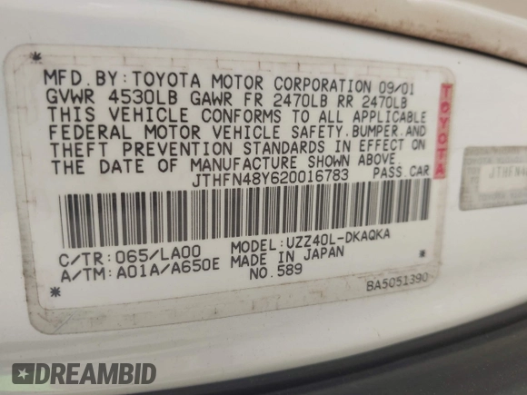 2002 Lexus SC 430 с VIN JTHFN48Y620016783, выставлен на аукционе IAAI как лот 42274474 с пробегом 143 621 миль миль и . История ставок и продаж доступна на DreamBid. Изображение 9.