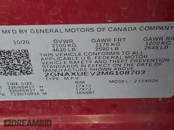 2021 Chevrolet Equinox LT z VIN 2GNAXUEV2M6108703, wystawiony jako IAAI lot #41965639 z przebiegiem 122 160 mil mil oraz . Historia ofert i sprzedaży dostępna na DreamBid. Obrazek 9.