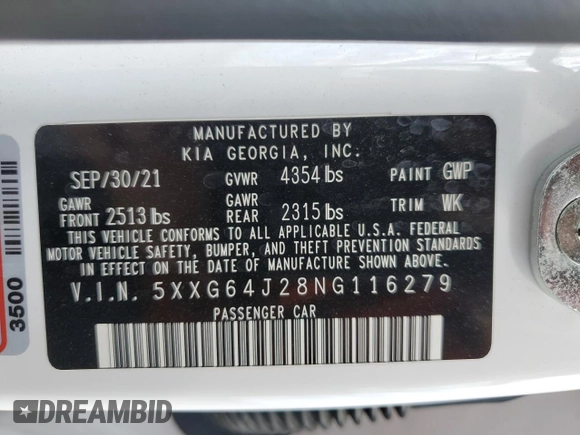 2022 Kia K5 GT-Line z VIN 5XXG64J28NG116279, wystawiony jako Copart lot #55337085 z przebiegiem 12 311 mil mil oraz Szkoda całkowita • Salvage title. Historia ofert i sprzedaży dostępna na DreamBid. Obrazek 12.