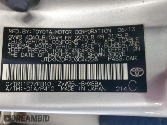2013 Toyota Prius with VIN JTDKN3DP7D3044228, listed as a Copart auction lot 61357145 with 230,832 mi miles and Clean title. Bid and sale history available at DreamBid. Image 12.