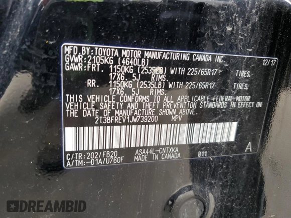 2018 Toyota RAV4 LE z VIN 2T3BFREV1JW739200, wystawiony jako Copart lot #57658435 z przebiegiem 76 956 mil mil oraz Szkoda całkowita • Salvage title. Historia ofert i sprzedaży dostępna na DreamBid. Obrazek 13.