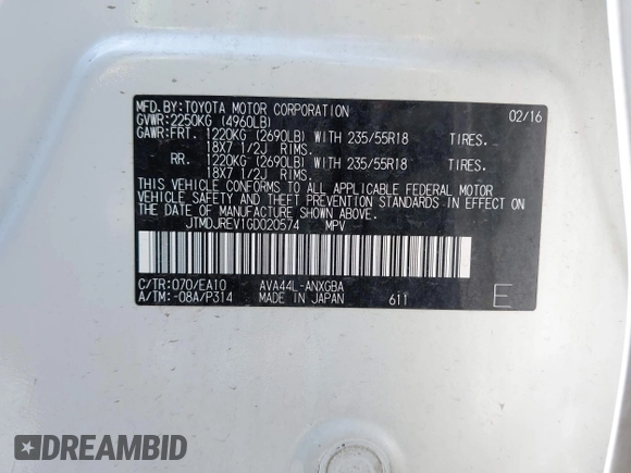 2016 Toyota RAV4 Limited с VIN JTMDJREV1GD020574, выставлен на аукционе IAAI как лот 42437803 с пробегом 107 821 миль миль и . История ставок и продаж доступна на DreamBid. Изображение 9.