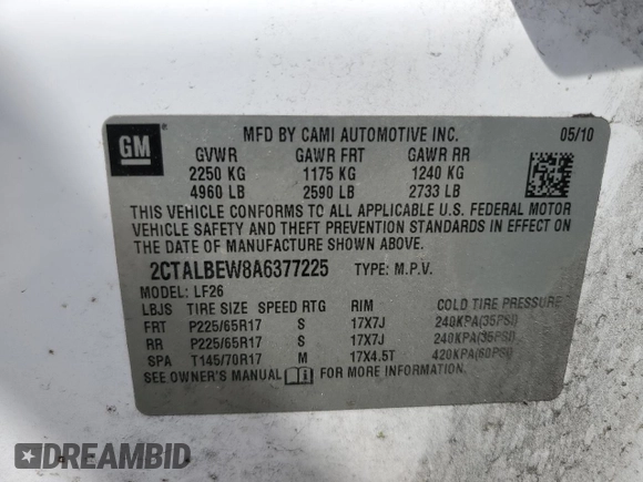 2010 GMC Terrain SLE-1 z VIN 2CTALBEW8A6377225, wystawiony jako Copart lot #55660465 z przebiegiem 127 540 mil mil oraz Szkoda całkowita • Salvage title. Historia ofert i sprzedaży dostępna na DreamBid. Obrazek 13.