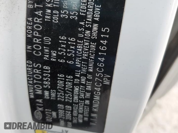 2012 Kia Sedona LX with VIN KNDMG4C75C6416415, listed as a Copart auction lot 51578585 with 115,296 mi miles and Salvage Title. Bid and sale history available at DreamBid. Image 15.