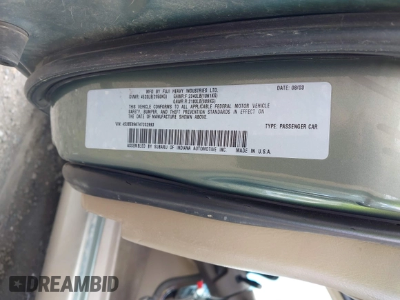 2004 Subaru Legacy Outback with VIN 4S3BE896747202993, listed as a IAAI auction lot 42317133 with 283,693 mi miles and . Bid and sale history available at DreamBid. Image 9.