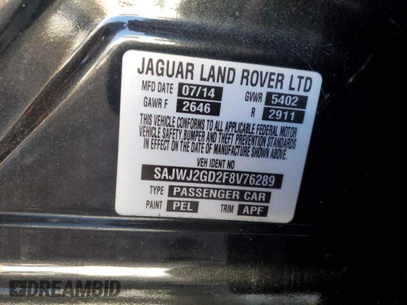 2015 Jaguar XJ Portfolio with VIN SAJWJ2GD2F8V76289, listed as a Copart auction lot 48222815 with 95,420 mi miles and Salvage title. Bid and sale history available at DreamBid. Image 13.