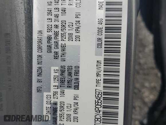 2023 Mazda CX-9 Touring with VIN JM3TCBCY4P0654597, listed as a Copart auction lot 55920855 with 58,534 mi miles and Salvage title. Bid and sale history available at DreamBid. Image 14.