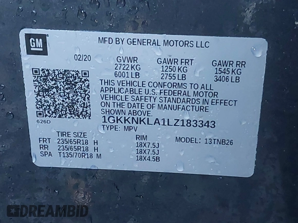 2020 GMC Acadia SLE with VIN 1GKKNKLA1LZ183343, listed as a IAAI auction lot 40742807 with 136,808 mi miles and . Bid and sale history available at DreamBid. Image 9.