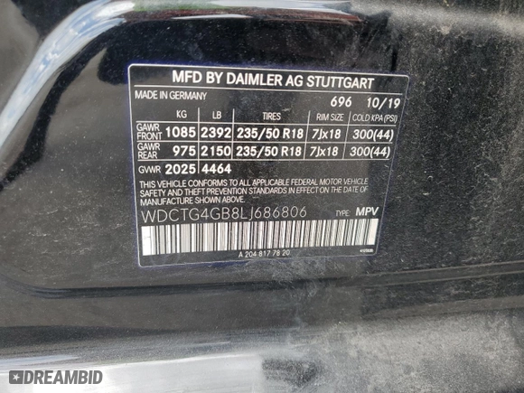 2020 Mercedes-Benz GLA with VIN WDCTG4GB8LJ686806, listed as a Copart auction lot 53717455 with 0 mi miles and Non Repairable. Bid and sale history available at carsss.com. Image 12.