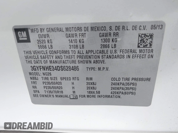 2013 Cadillac SRX Performance Collection with VIN 3GYFNHE34DS628486, listed as a IAAI auction lot 42530124 with 76,778 mi miles and . Bid and sale history available at DreamBid. Image 9.