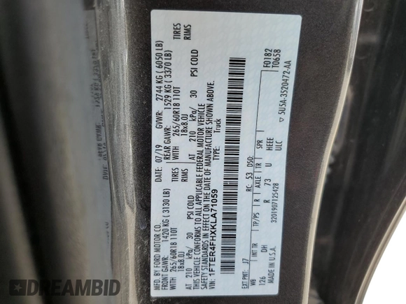 2019 Ford Ranger XL with VIN 1FTER4FHXKLA71059, listed as a Copart auction lot 57252615 with 109,351 mi miles and Salvage title. Bid and sale history available at DreamBid. Image 12.