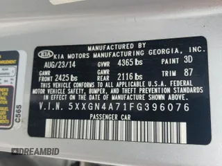 2015 Kia Optima EX z VIN 5XXGN4A71FG396076, wystawiony jako Copart lot #55306755 z przebiegiem 59 330 mil mil oraz Szkoda całkowita • Salvage title. Historia ofert i sprzedaży dostępna na DreamBid. Obrazek 12.