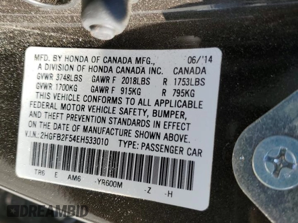 2014 Honda Civic LX z VIN 2HGFB2F54EH533010, wystawiony jako Copart lot #52859605 z przebiegiem 81 051 mil mil oraz Szkoda całkowita • Salvage title. Historia ofert i sprzedaży dostępna na DreamBid. Obrazek 14.