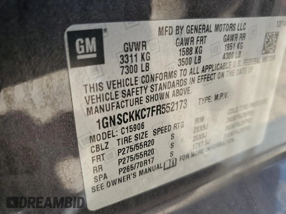 2015 Chevrolet Suburban LTZ with VIN 1GNSCKKC7FR552173, listed as a Copart auction lot 63483995 with 250,564 mi miles and Salvage title. Bid and sale history available at DreamBid. Image 13.