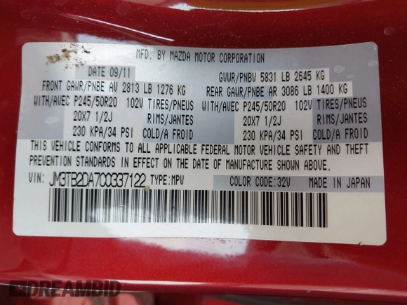 2012 Mazda CX-9 Grand Touring с VIN JM3TB2DA7C0337122, выставлен на аукционе IAAI как лот 42059539 с пробегом 172 011 миль миль и . История ставок и продаж доступна на DreamBid. Изображение 9.