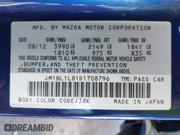 2013 Mazda 3 i Touring z VIN JM1BL1L81D1708796, wystawiony jako IAAI lot #42179958 z przebiegiem 95 467 mil mil oraz . Historia ofert i sprzedaży dostępna na DreamBid. Obrazek 9.